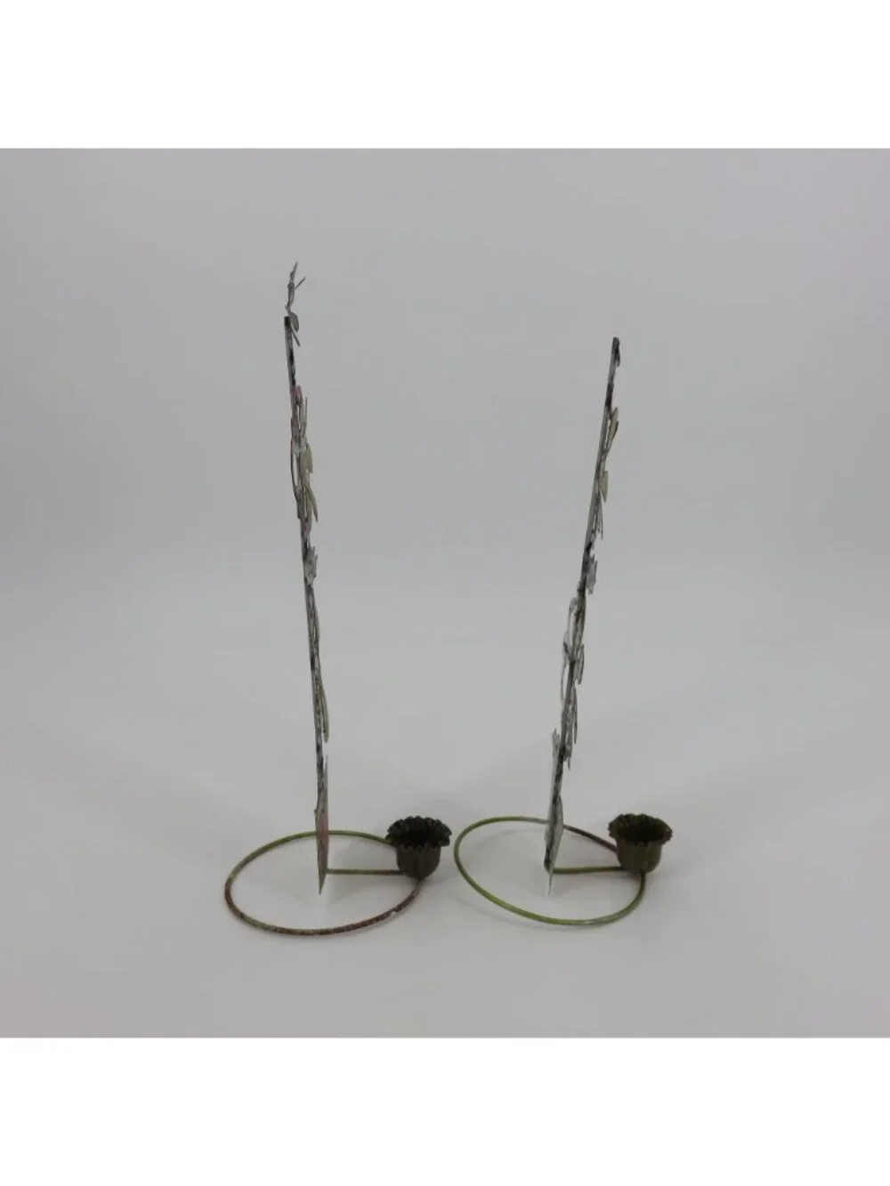 VTG Punch Tin Folk Art Pair 2 Candle Holders Pink Yellow Green Retro Christmas